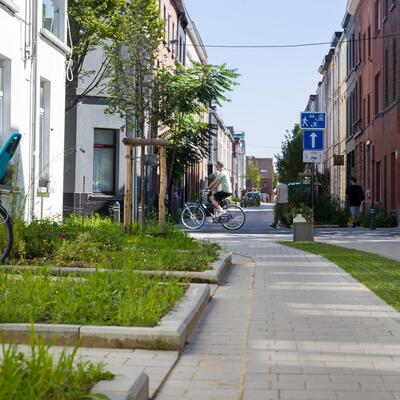 Straattuinen en grasdallen in straat in Gent